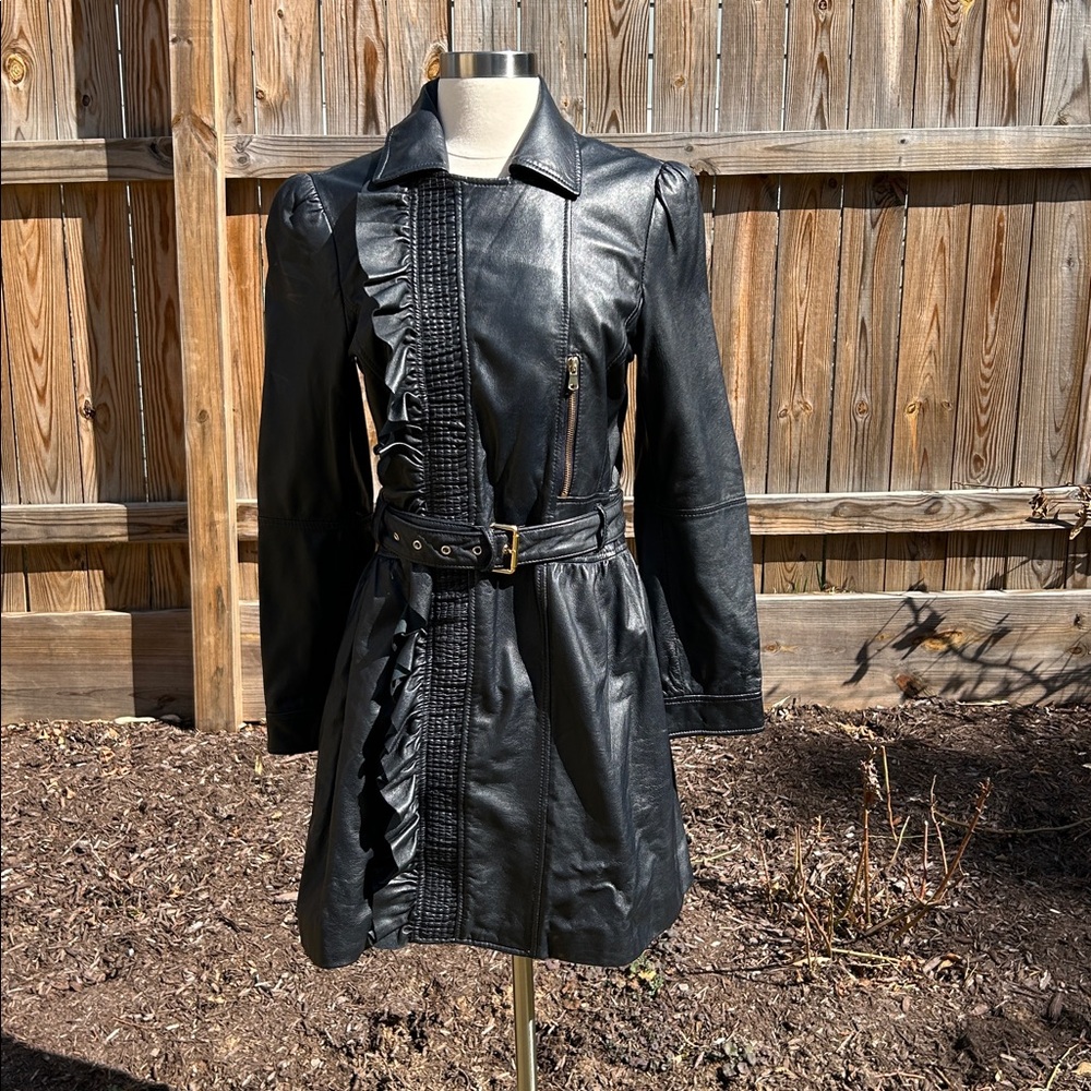 RED Valentino Black Leather Trench Jacket with Ruffle Detail and Belt 44/US 8 - Picture 5 of 14